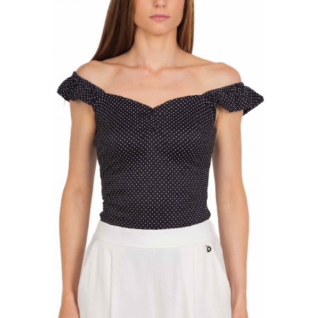 TOP OFF SHOULDER IN JERSEY A POIS, NERO